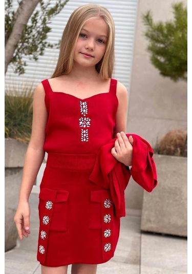 Riccotarz Kız Çocuk Askılı Bluz Hırka Ve Elmas Taş İşlemeli Cepli Bordo Triko Etekli Takım Bordo