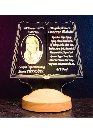 Öğretmene Özel Fotoğraflı 3D LED Lamba - Kitap Şeklinde Kişiye Özel, Mezuniyet Hatırası ve Öğretmenler Günü Hediyesi
