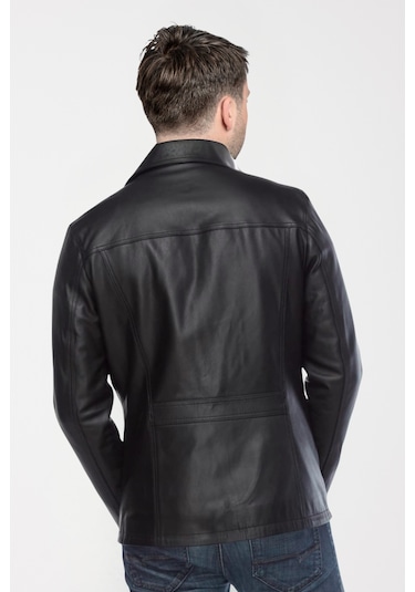 Derije Gomez Hakiki Deri Erkek Siyah Punto Dikiş Detaylı Ceket-Mont