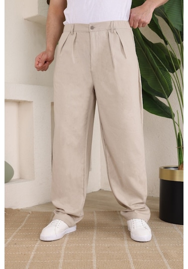 Erkek Beli Lastikli Pileli Baggy Pantolon Bej