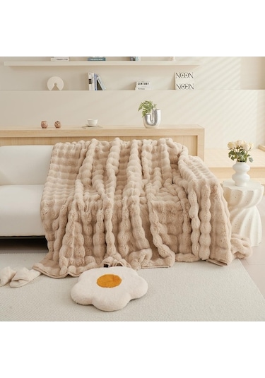 Novahub Kış Yumuşak Tavşan Peluş Kanepe Havlusu, Modern Düz Renk Açık Kahve Örtü Açık Kahve