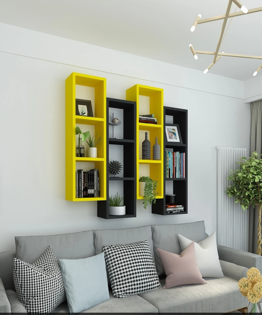 Kitaplık Modern Ev Duvar Rafı Sarı Siyah 4 Lü Takım Sarı Siyah