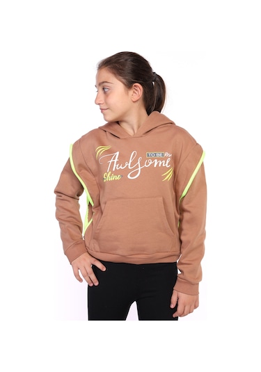 Toontoy Kız Çocuk Baskılı Kanguru Cepli Sweatshirt Kahverengi