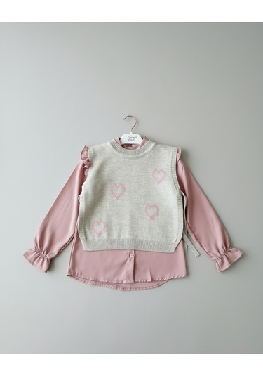 Kalp Desenli Yelekli Üçlü Takım Kız Çocuk Pembe