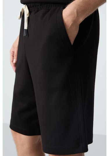 Siyah Pamuklu Kalın Yumuşak Dokulu Oversize Fit Basic Erkek Şort Takım - 85257
