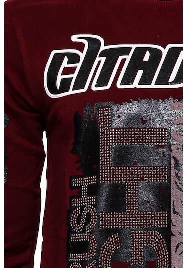 Bordo Taşlı Baskılı Sweatshirt - Wessi Siyah