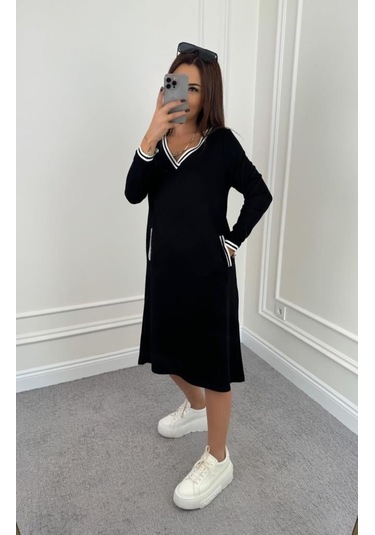 Kadın Uzun Kollu V Yakalı Şerit Detaylı Cepli Midi Viskon Iki Iplik Elbise Siyah