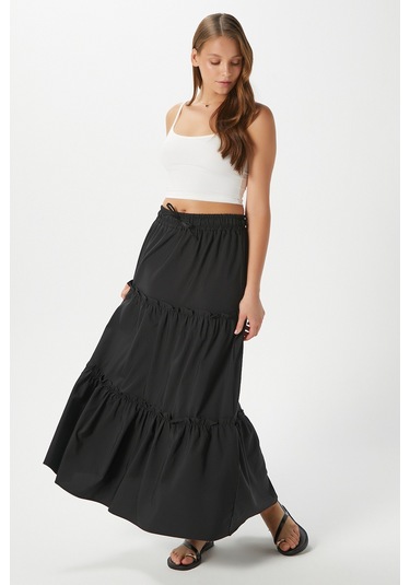 Kadın Elanora Siyah Astarlı Katlı Poplin Etek Siyah