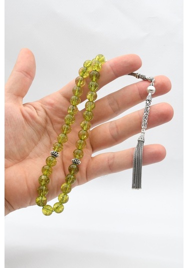 33'lük Doğal Peridot Taşlı Tesbih 925 Ayar Gümüş Püsküllü 10mm Küre Kesim