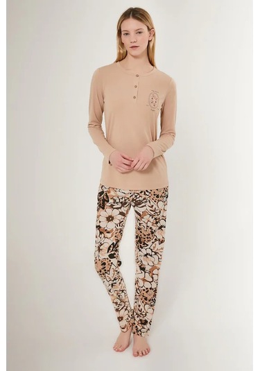 Arnetta 2642 Uzun Kol Kadın Pijama Takımı Bej V1 Bej