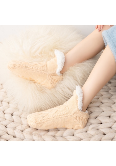 Kışlık Polar Astarlı İç Mekan Ev Patik Unisex Yetişkin Ev Çorabı Krem