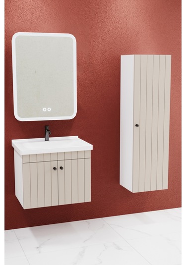 Avien 65 Cm Banyo Dolabı Cmr Led Aynalı Krem - Boy Dolap Dahil Krem