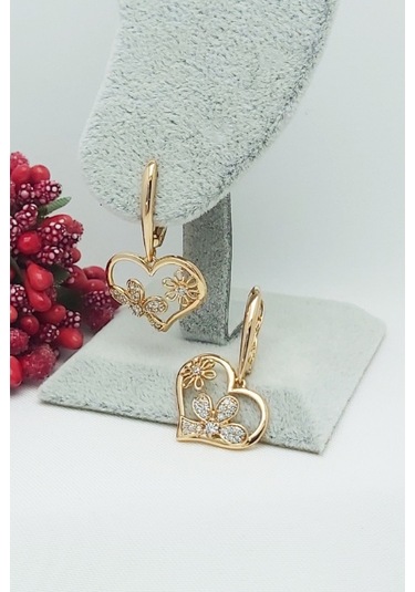 Rose Altın Kaplama Vip Seri Çiçekli Kalp Sallantılı Zarif Küpe 3 Rose Gold