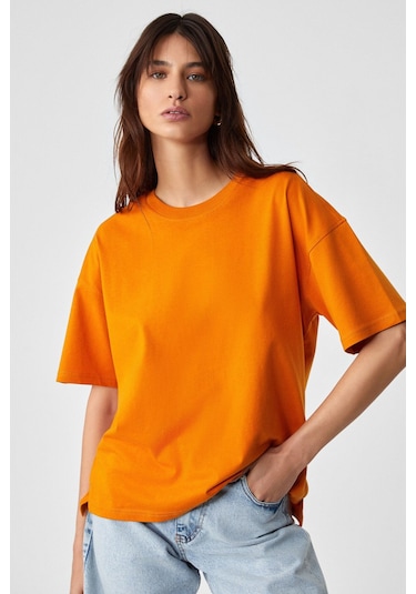 GRIMELANGE Jemmy Kadın %100 Organik Pamuk Relaxed Fit Yırtmaçlı Yuvarlak Yakalı Turuncu T-shirt Turuncu