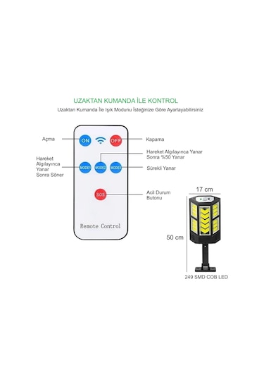 Hymark 249 Led Güneş Enerjili 3 Modlu Şarjlı Kumandalı Solar Aydı