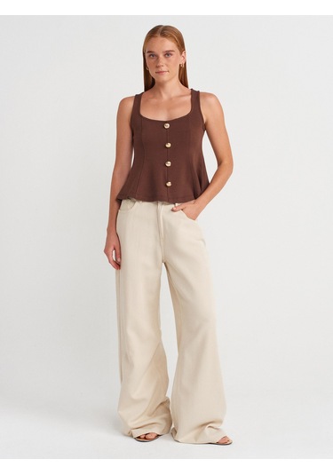 Dilvin 31979 Düğmeli Peplum Top-açık Kahve Açık Kahve