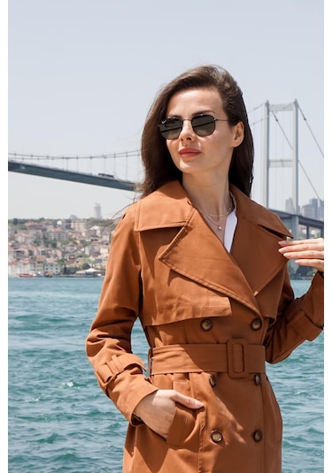 Pastelastore %100 Pamuk Gabardin Midi 95cm Astarlı Kemerli Kadın Trençkot 1113 Taba