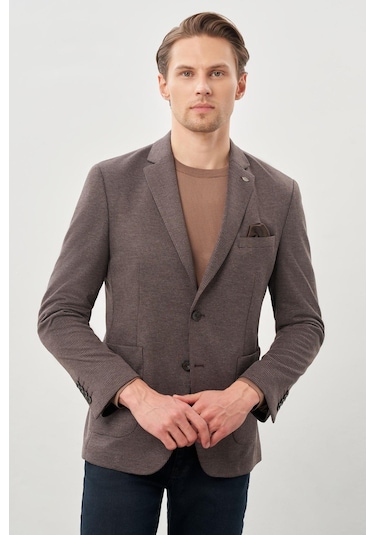 Koyu Kahverengi Kazayağı Desen Örme Mono Yaka 2 Düğme 6 Drop Slim Fit Classic Ceket 1002245166 400 Koyu Kahverengi