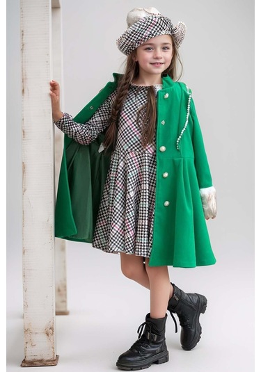 Riccotarz Kız Çocuk Kazayağı Desen Elbise Kolları Peluş Ve Omuzları İnci İşleme Kemerli Yeşil Kaşe Kaban Yeşil