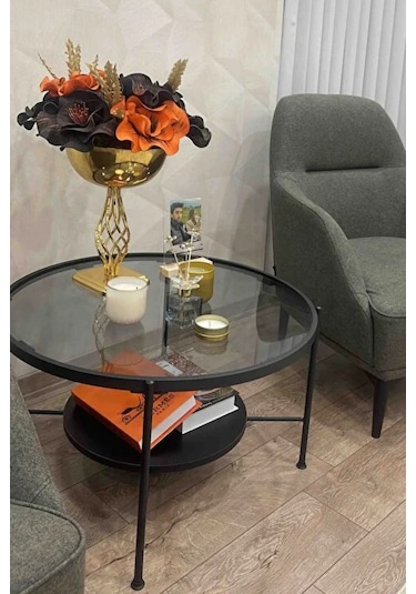 Nordic Orta Sehpa Temperli Cam 75 Cm Demonte Çizilmez Kırılmaz Metal Çerçeve Raflı Minimalist Sehpa - Siyah Siyah