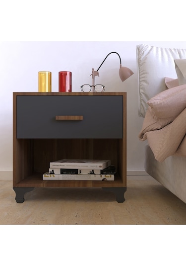 Gm 027 Ceviz Antrasit Gri Tek Çekmeceli   Komidin