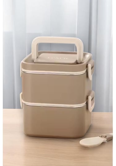 Digithome Bento 2 Katlı Taşınabilir Paslanmaz Çelik Yemek Kabı Termosu Lunch Box Kare Haki 1400ml