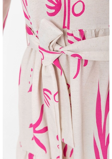 Desenli Yazlık Baharlık Keten Elbise 2103 Pembe