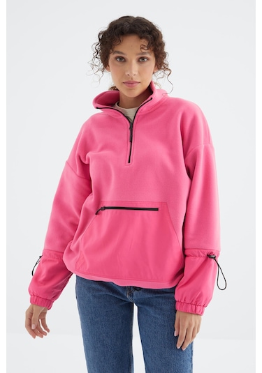 Tommy Life Şeker Pembe Etek Ucu Büzgülü Yarım Fermuarlı Oversize Kadın Polar Sweatshirt - 97238 Şeker Pembe