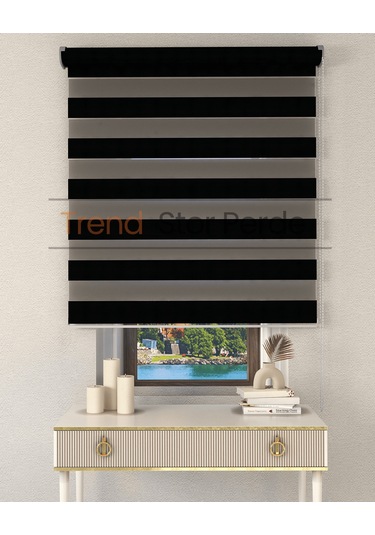 Siyah Bambu Etek Dilimsiz Zebra Stor Güneşlik Perde Siyah