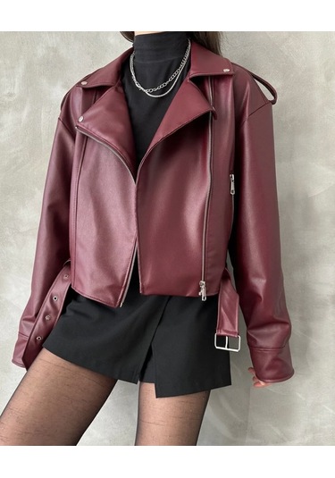 Prifaldi Suni Deri Crop Bıker Ceket Bordo