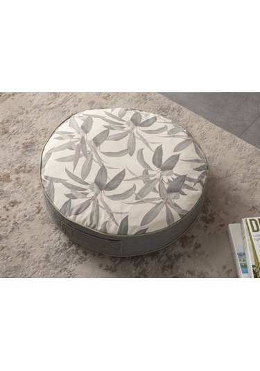 Gri Yaprak Desenli Taşınabilir Dekoratif Yer Minderi Puf 60x60cm