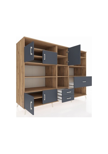 Kronos Dolap 13 Raflı 3 Çekmeceli 5 Kapaklı 220x59x163 Çam-antras Çam-antrasit