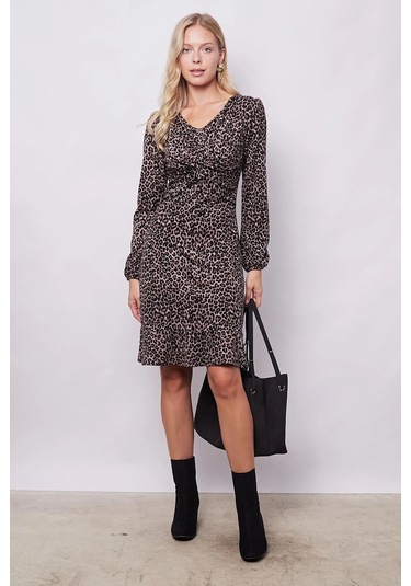 Kadın Hafif Likralı Yumuşak Dokulu Kumaş V Yaka Önü Düğümlü Eteği Volanlı Uzun Kol Diz Boy Elbise-leopar Leopar