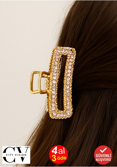 7 Cm Taşlı Eliptik Gold Saç Tokası Işıltılı Ve Zarif Metal Mandal Toka Altın