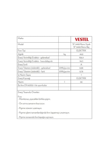 Vestel SF 8400 Retro 66 LT Ocaklı Solo Fırın Siyah