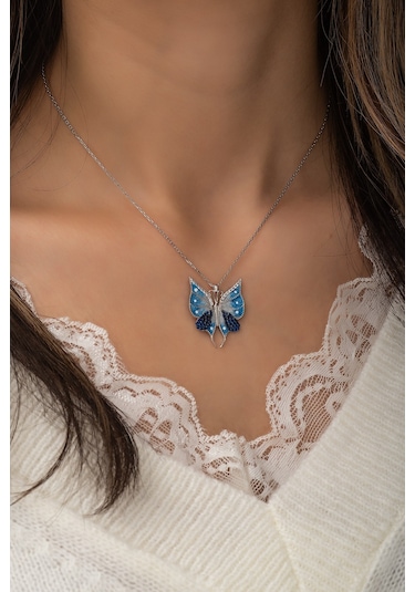 Nereze 925 Ayar Gümüş Mavi Mineli Kelebek Kolye Kadın Gümüş Kolye