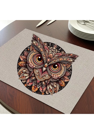 Renkli Baykuş Tasarımlı Amerikan Servis, Tabak Altlığı & Şık Masa Dekoru, Ev Hediyesi, 2 Adet Krem