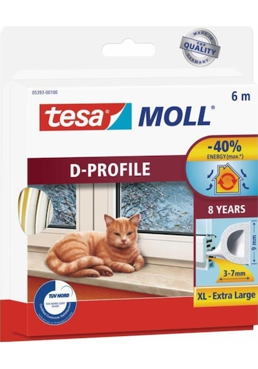 Tesamoll D-profil Kapı Pencere İzolasyon Bandı, 6mx9mmx7mm, Beyaz + Kapı Altı Hava Akımı Önleyici Fırça, 1mx37mm
