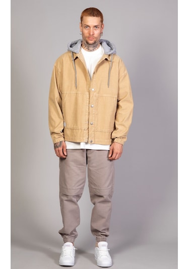 Erkek Bej Çıkarılabilir Kapüşonlu Oversize Pamuklu Kadife Ceket Bej