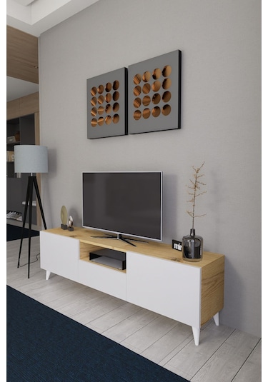 Bravix Modern Tv Ünitesi 3 Bölmeli Tv Sehpası Gövde Çam Kapaklı Beyaz - Antrasit