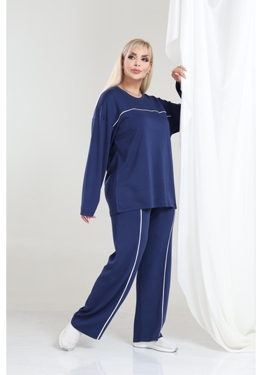 Biyeli Büyük Beden Oysho Tarzı Modal Kumaş Uzun Kollu Biyeli Rahat Günlük Takım Lacivert