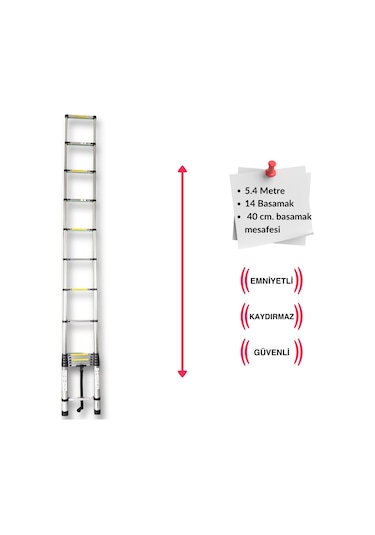 Endokon 540 Cm. - 14 Basamaklı Teleskopik Alüminyum Merdiven - I Tipi Uzayan Merdiven
