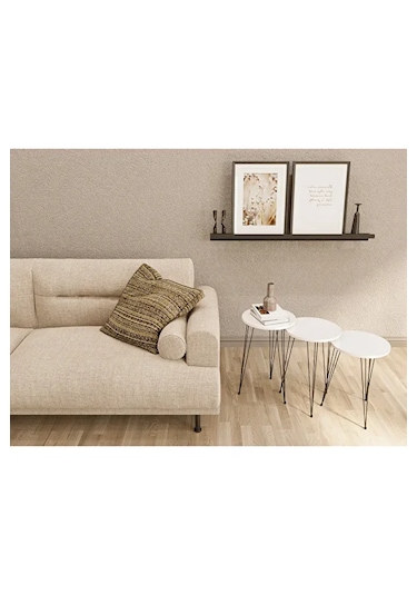 Zigon Sehpa 3'lü Yuvarlak Siyah Tel Ayaklı Beyaz