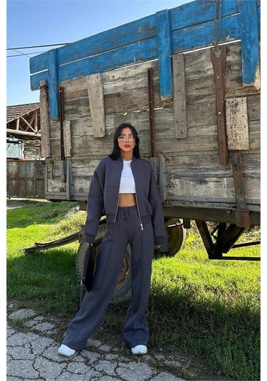 Neşeli Butik Kadın Antrasit Fermuarlı Kışlık Eşofman Takımı Nbg026 Antrasit