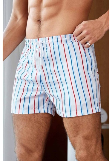 Angelsin Erkek Basic Standart Boy Renkli Çizgili Baskılı Mayo Cepli Deniz Şortu 001