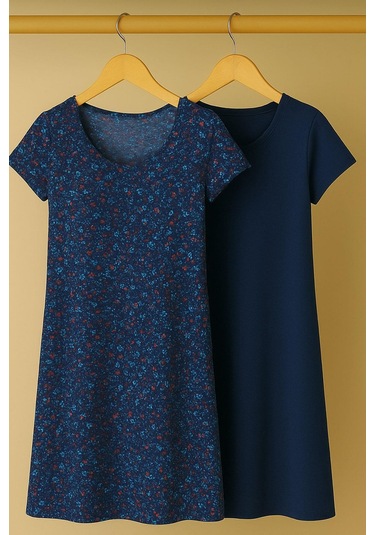 2 Adet Dökümlü Rahat Kalıp Günlük Penye Kumaş Elbise Lacivert