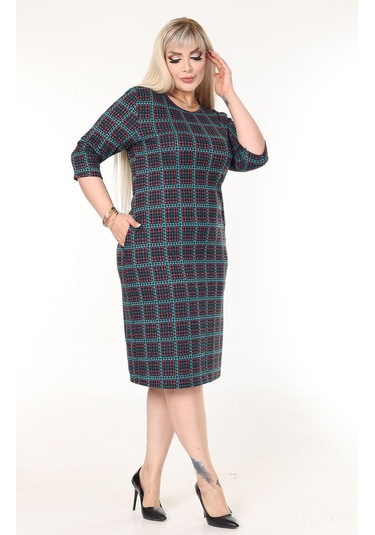 Çift Cepli Kışlık Büyük Beden Esnek Elbise 1a-2633 Desenli