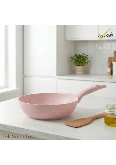 18 Cm Granit Tek Saplı Tava - Pembe Pembe