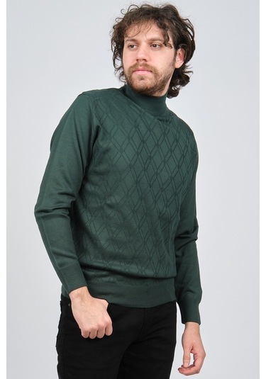 Pave Erkek Yarım Balıkçı Desenli Yün Kazak 4537210 Yeşil Yeşil