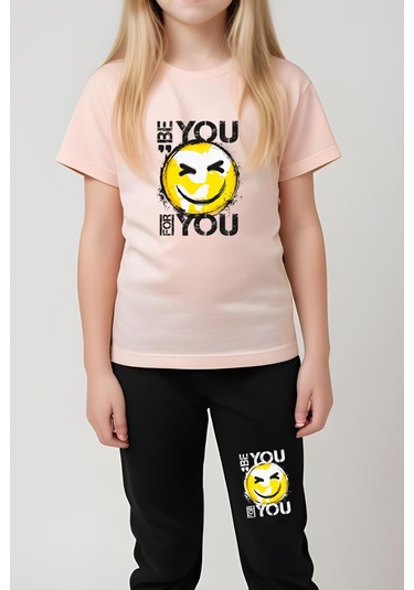 Be You Emoji Baskılı Kız Çocuk Tişört Ve Eşofman Alt-üst Takım Somon